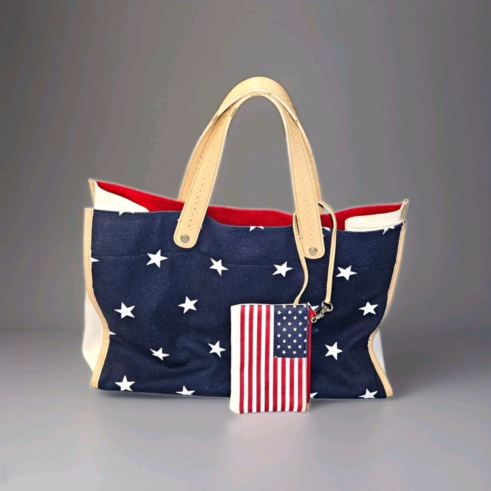 Amanda Smith Patriotic Stars & Flag Tote Bag Snap Closure w/ Coin Purse